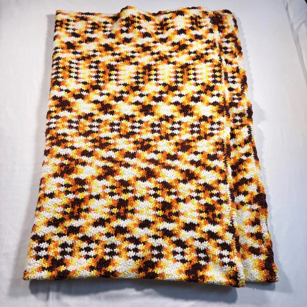 Vintage 70's Handmade Crochet Afghan Throw Blanket Orange Yellow Brown 64x44